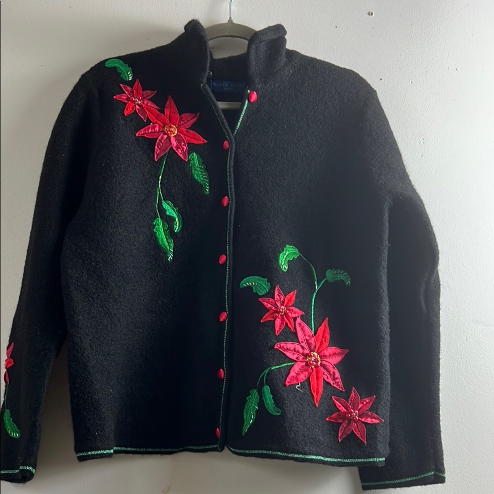 Karen Scott Sport Black Wool Jacket with Red Floral Embroidery